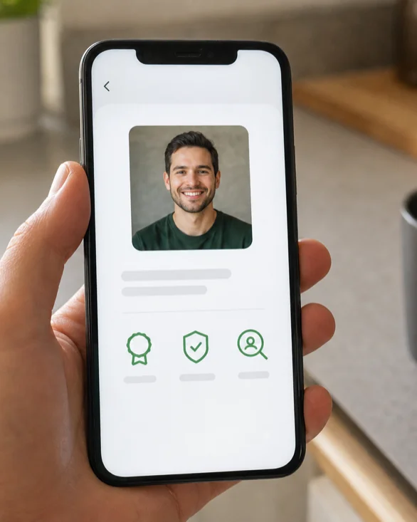 A vetted pro profile with license and insurance badges in the CribbFam app