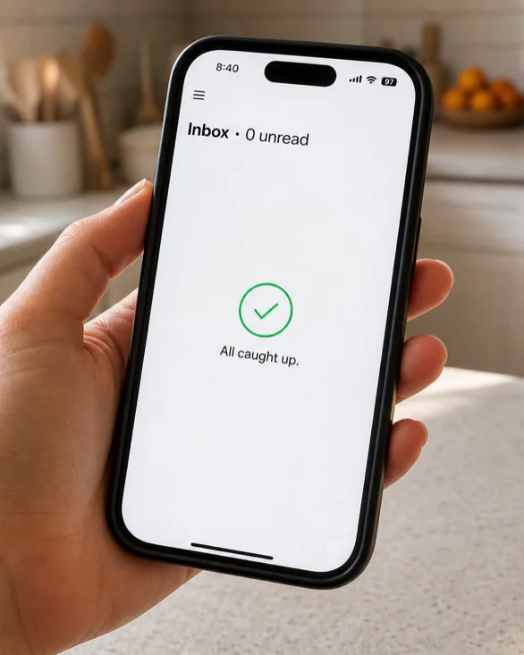 A phone showing an empty inbox, zero unread, all caught up